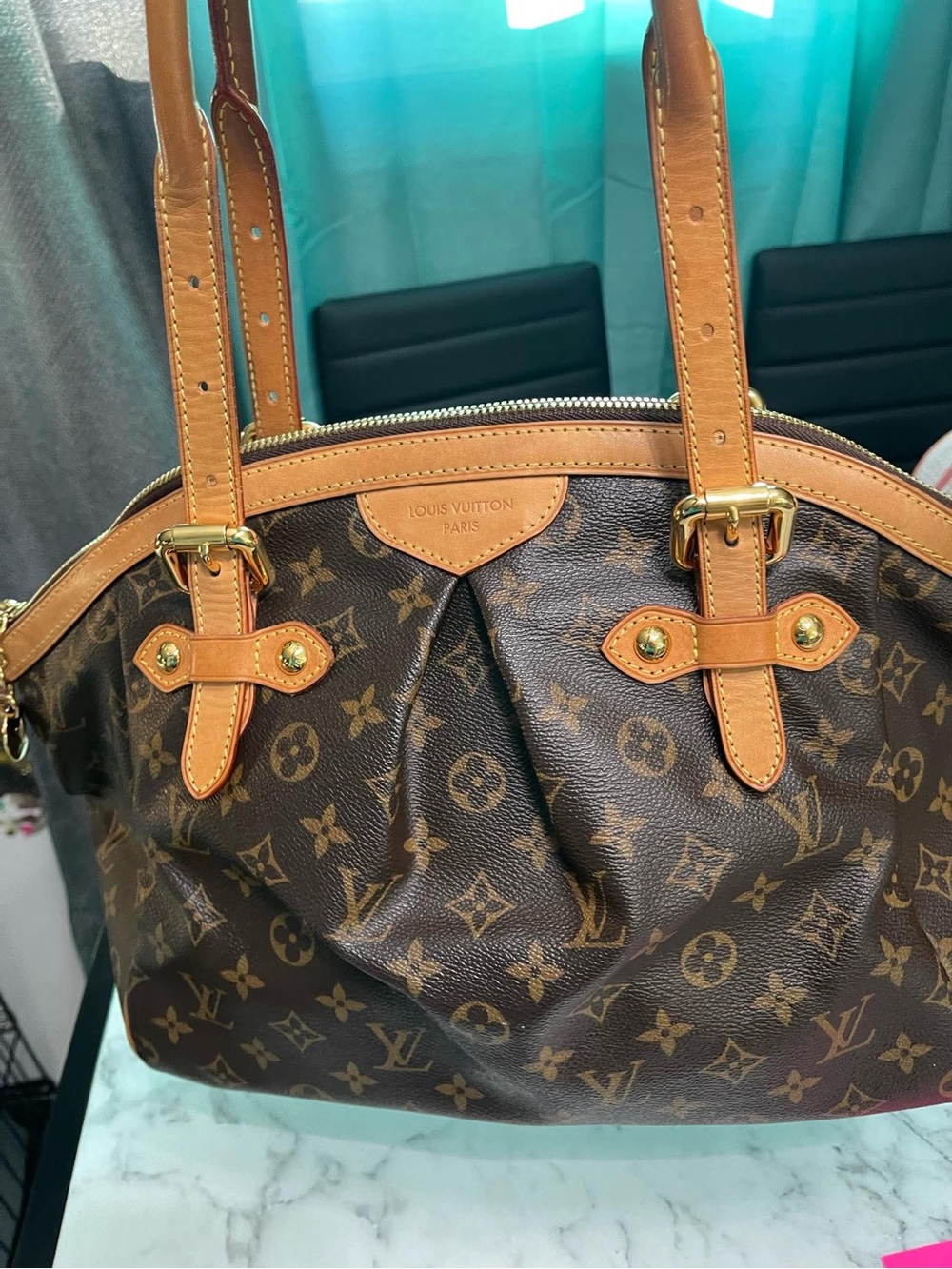 Louis Vuitton Brown Monogram Canvas Shoulder Bag with Tan Trim